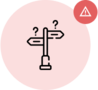 signpost with question marks and a warning sign
                                in the top right