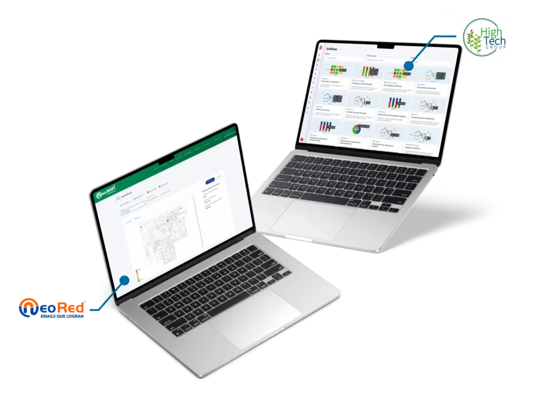 Two laptops showing a neored and high tech dashboard each